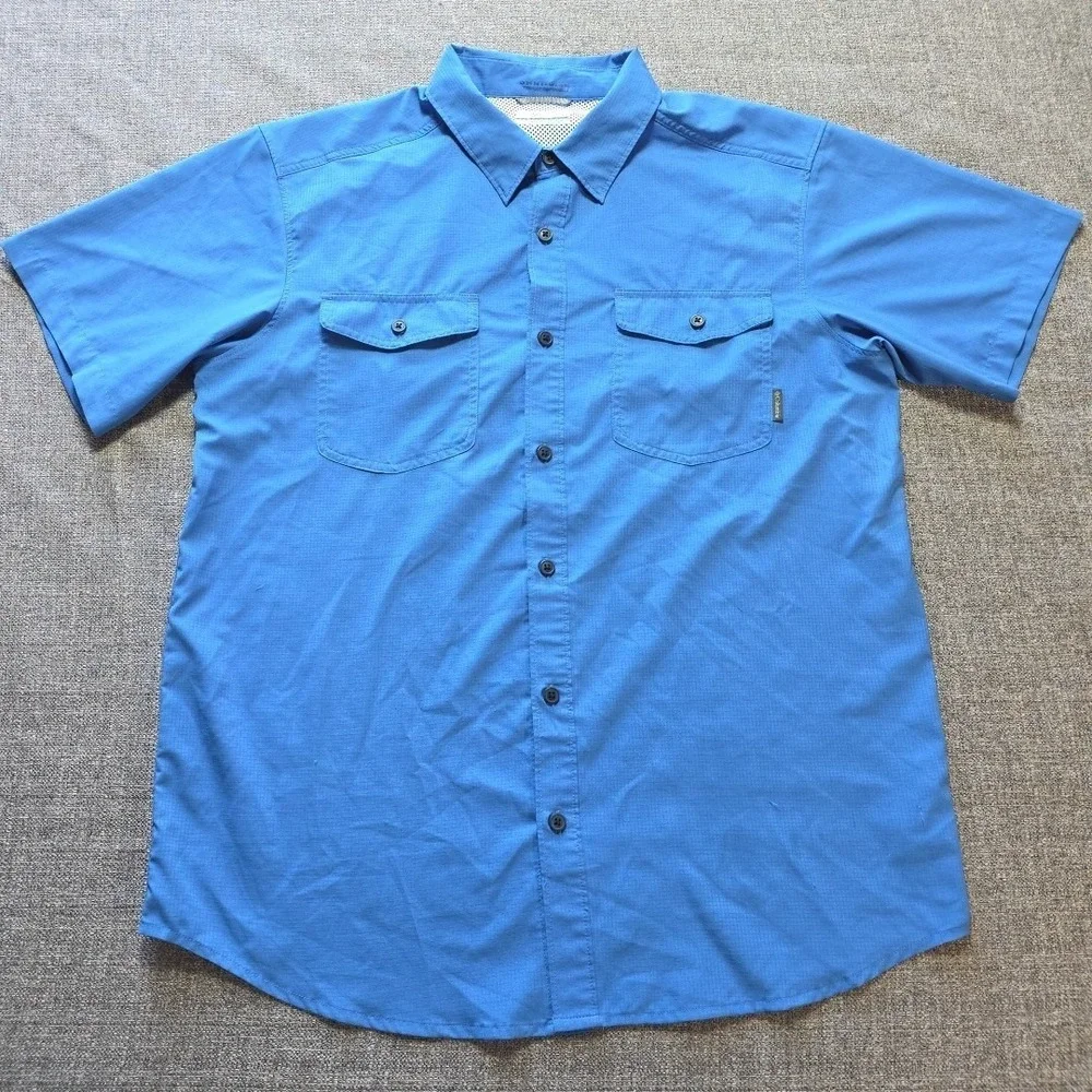 Columbia Omni Wick Men's Fishing Shirt Large Blue Short Sleeve Vented Pockets